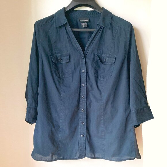 Black Button Up Lane Bryant Tab Sleeve Side Ribbed Shirt 18/20 XL Cotton Summer - Picture 1 of 6